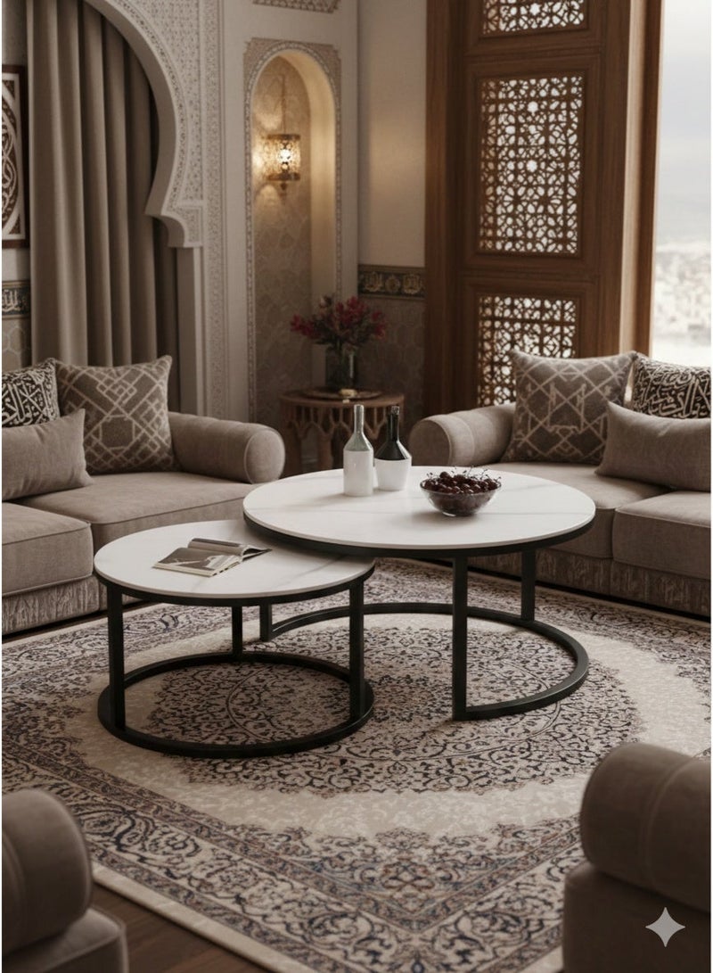 إكسبرت طقم طاولات قهوة دائرية متداخلة بيضاء لتخزين الوجبات الخفيفة والشاي، مجموعة من طاولتين جانبيتين لغرفة المعيشة، مجموعة من قطعتين - Image 1